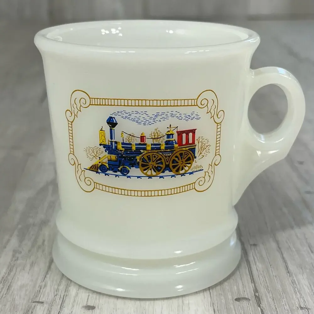 Vintage Avon Milk Glass Shaving Mug 8oz Cup with Train Locomotive Graphic